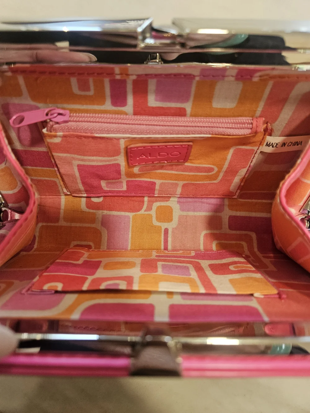 ALDO Hot Pink Patent Leather Frame Clutch Wallet Retro Geometric Lining Wristlet